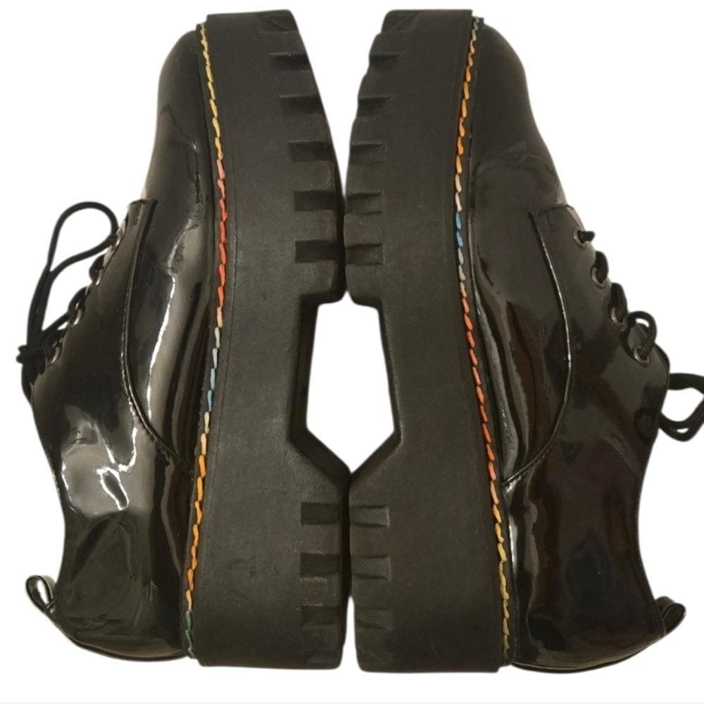 Vintage Y2K Bamboo Platform Oxfords Black Patent Rainbow Stitch Sz 8.5 / 9 Pride